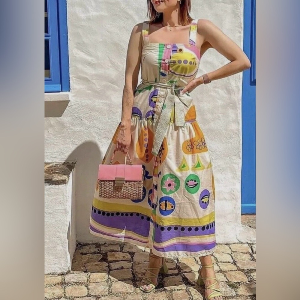 Zara Multicolor Patterned MIDI Dress Cotton